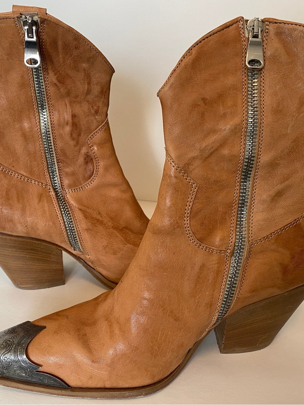 Free People Cognac Leather Western Zip Ankle Booties